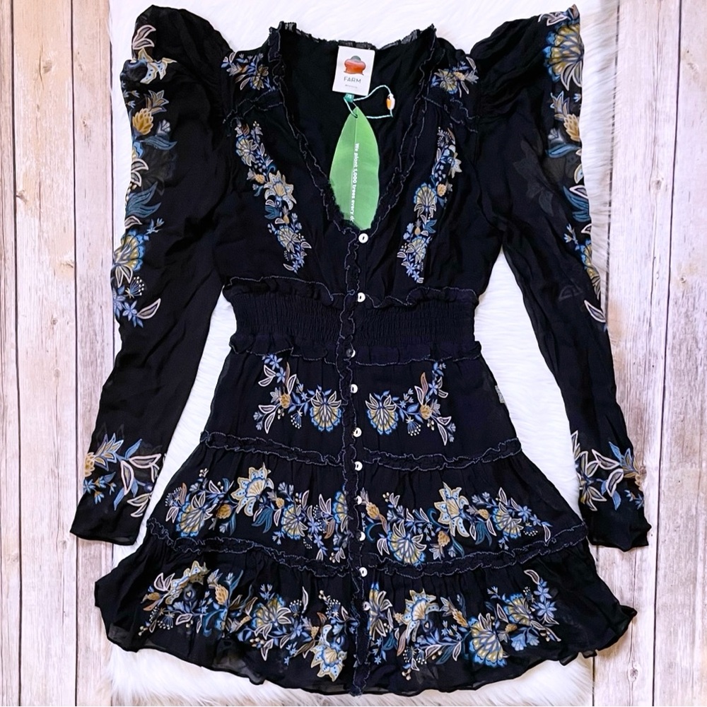 Farm Rio Garden Stitched Long Sleeve Button Front Mini Dress